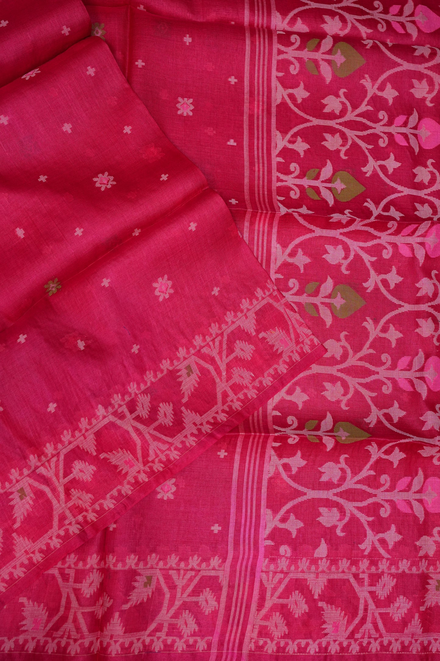 Pure Tussar Silk Saree with Jamdani Concept Weaving – Rani Pink | Silk Mark Certified