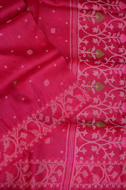 Pure Tussar Silk Saree with Jamdani Concept Weaving – Rani Pink | Silk Mark Certified