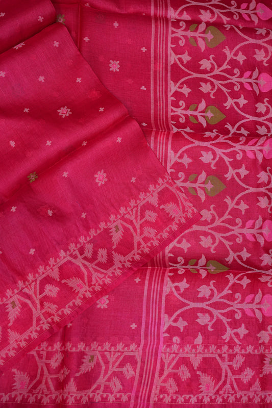 Pure Tussar Silk Saree with Jamdani Concept Weaving – Rani Pink | Silk Mark Certified