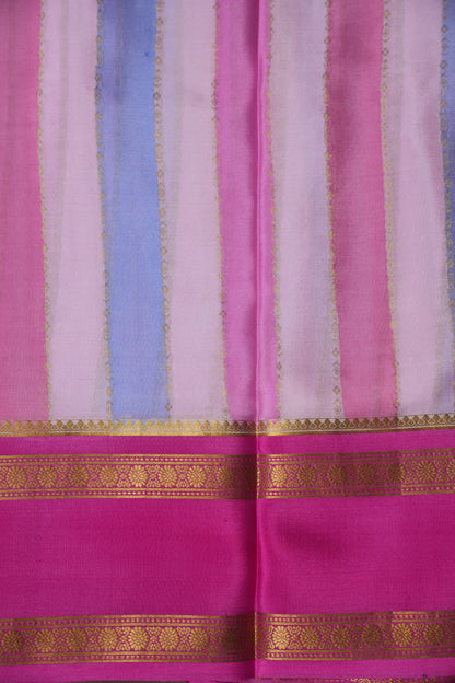 Pure Crepe Mysore Silk Saree - Pink & Powder Blue Pastel Stripes
