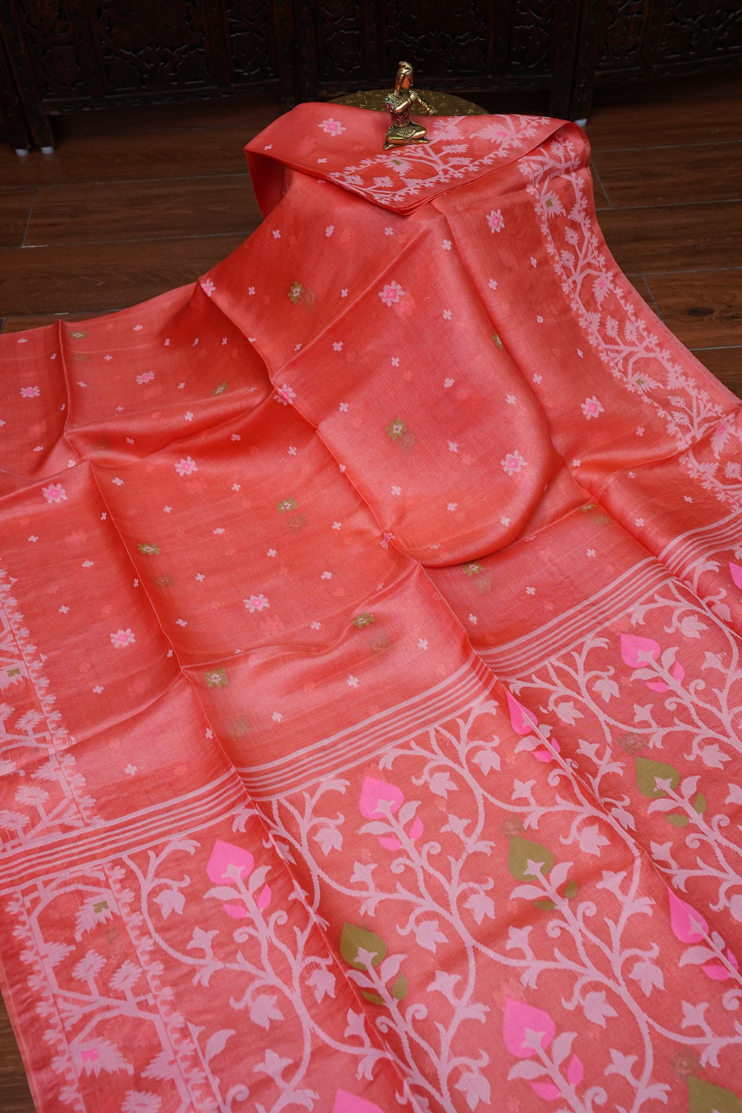 Pure Tussar Silk Saree with Jamdani Concept Weaving – Coral Orange | Silk Mark Certified