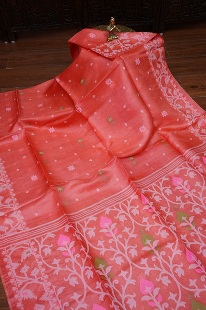 Pure Tussar Silk Saree with Jamdani Concept Weaving – Coral Orange | Silk Mark Certified