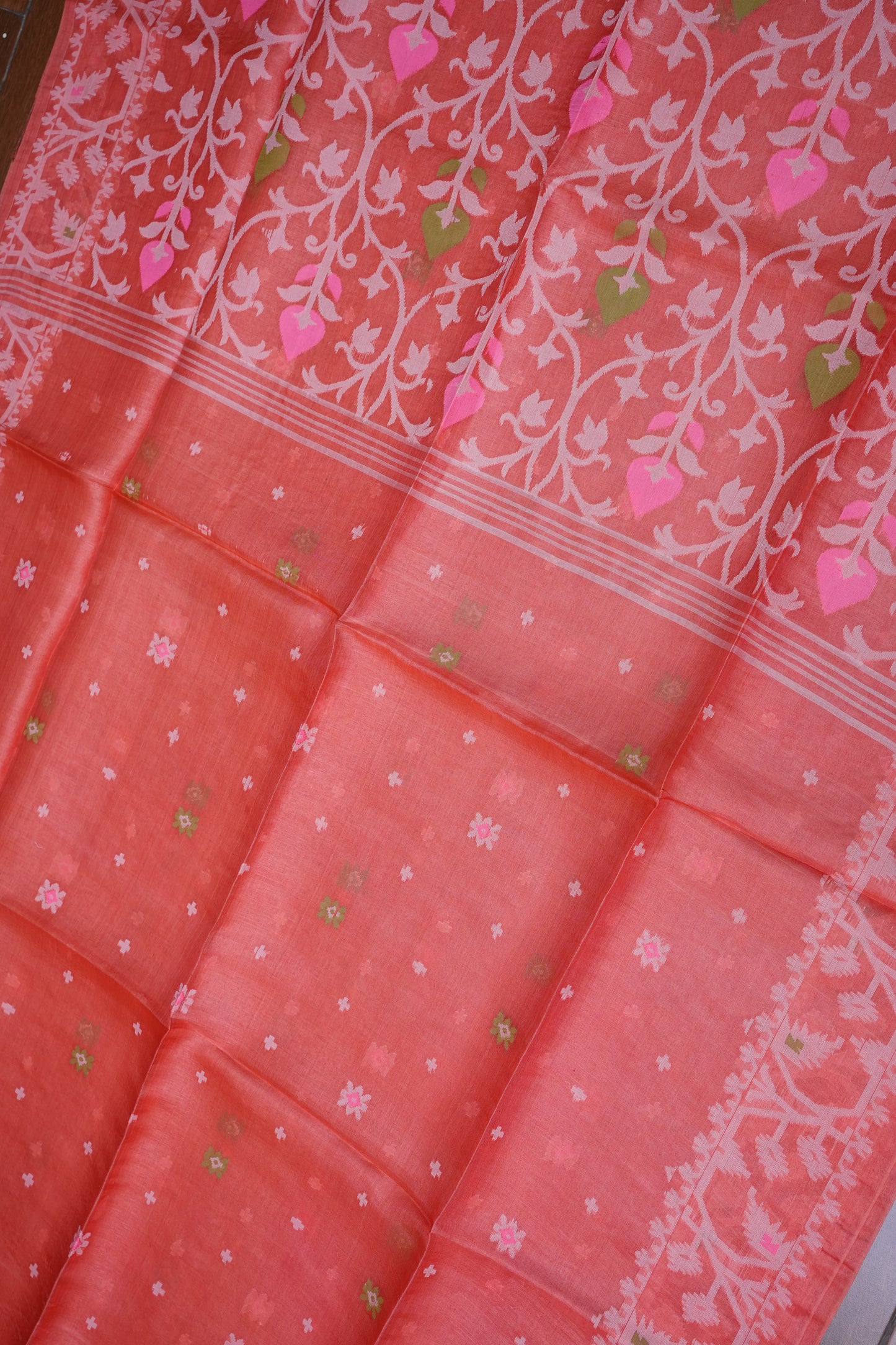 Pure Tussar Silk Saree with Jamdani Concept Weaving – Coral Orange | Silk Mark Certified