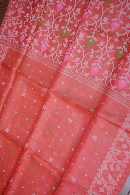 Pure Tussar Silk Saree with Jamdani Concept Weaving – Coral Orange | Silk Mark Certified