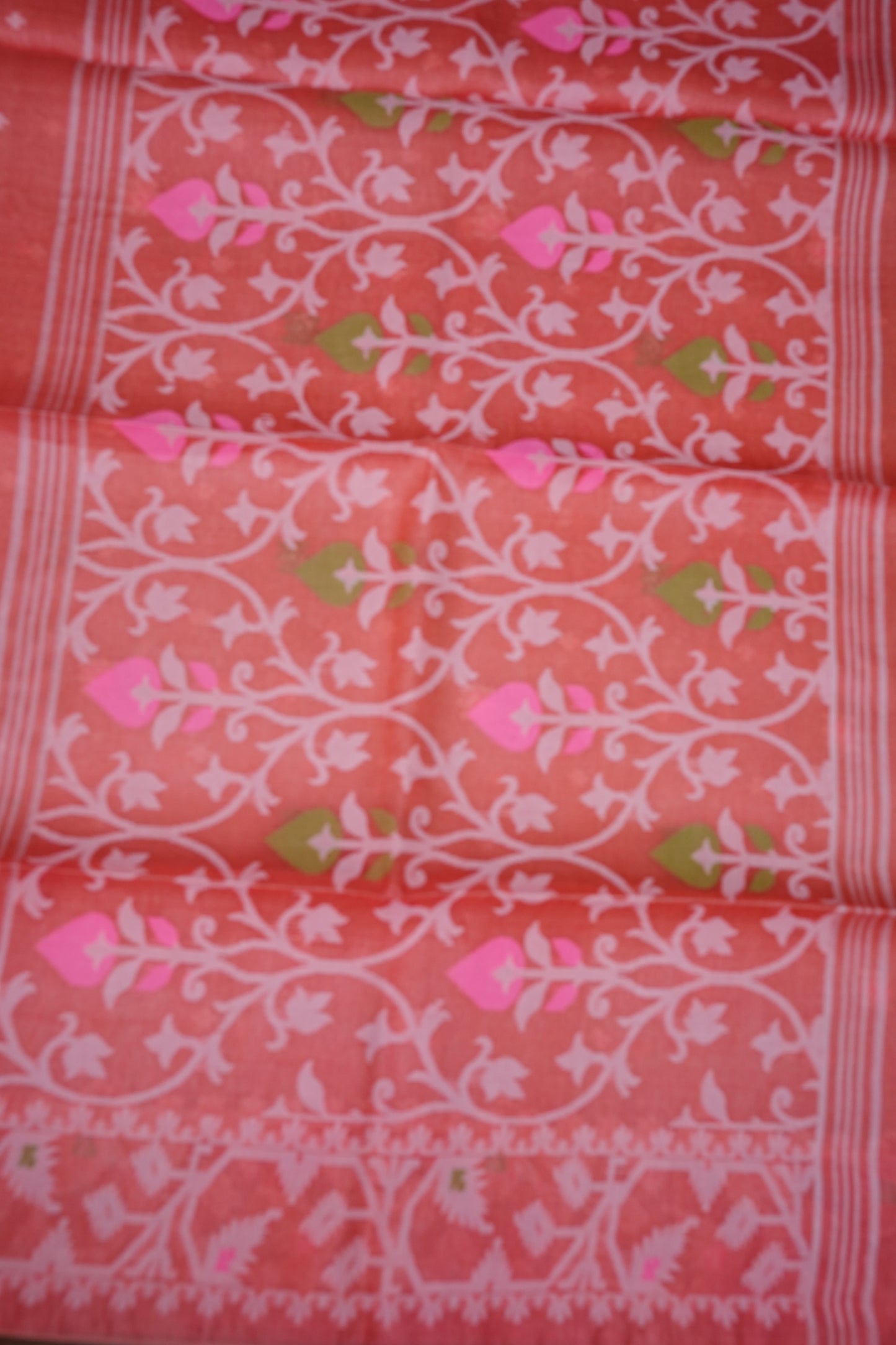 Pure Tussar Silk Saree with Jamdani Concept Weaving – Coral Orange | Silk Mark Certified