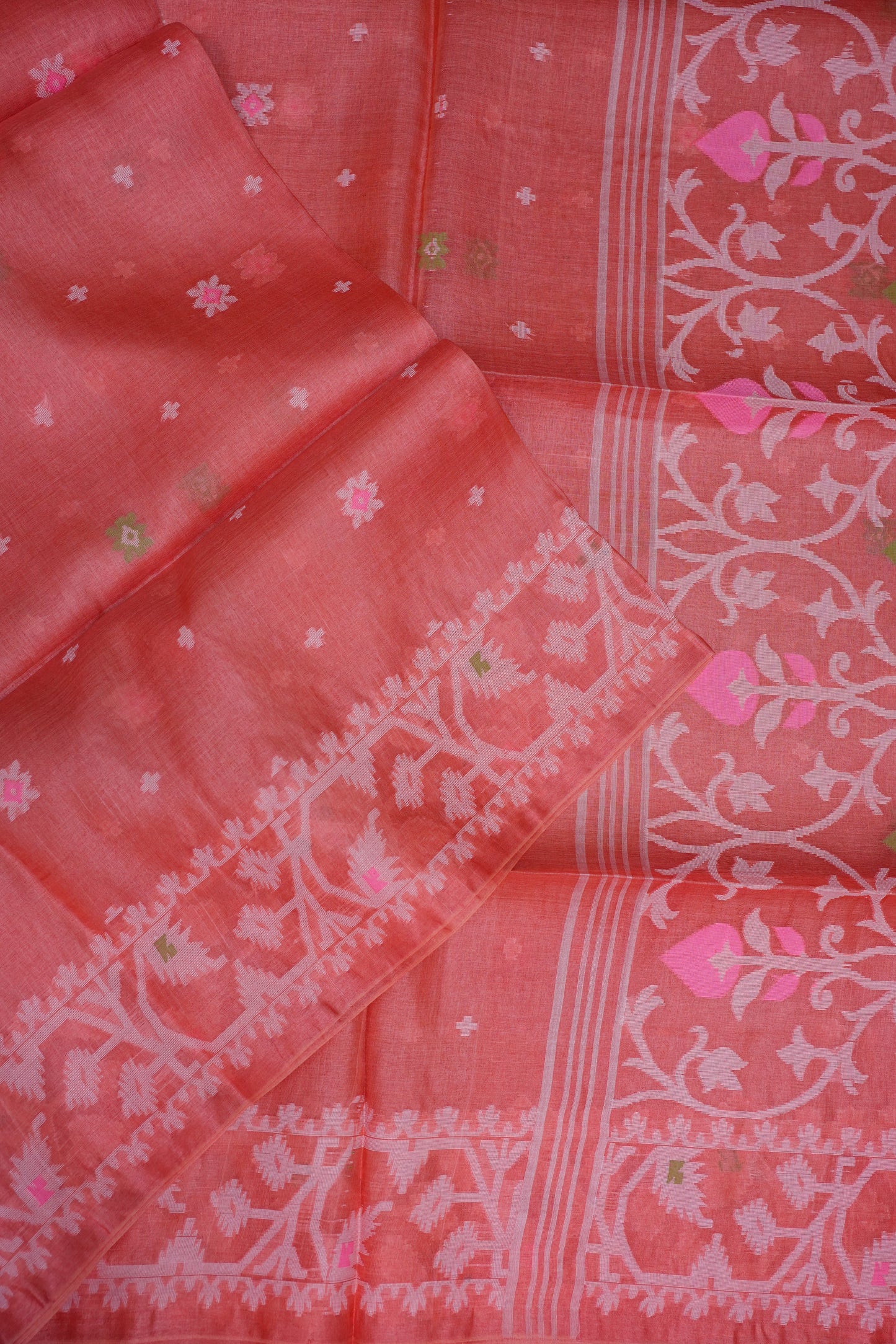 Pure Tussar Silk Saree with Jamdani Concept Weaving – Coral Orange | Silk Mark Certified