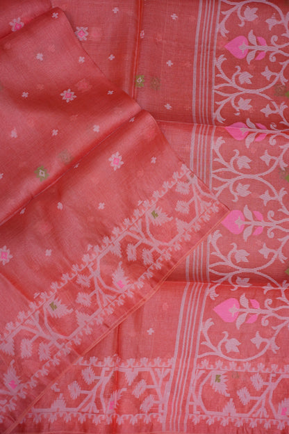 Pure Tussar Silk Saree with Jamdani Concept Weaving – Coral Orange | Silk Mark Certified