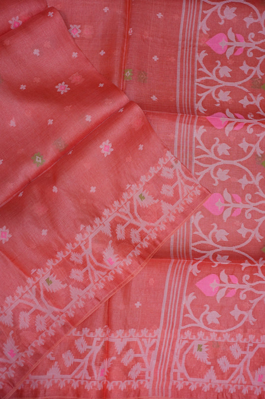 Pure Tussar Silk Saree with Jamdani Concept Weaving – Coral Orange | Silk Mark Certified