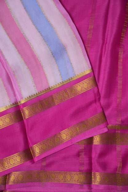 Pure Crepe Mysore Silk Saree - Pink & Powder Blue Pastel Stripes