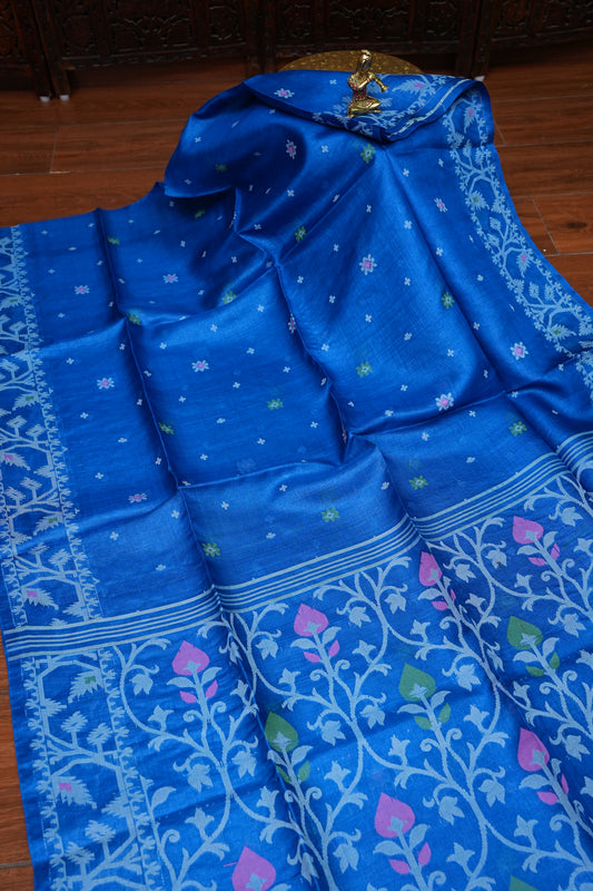 Pure Tussar Silk Saree with Jamdani Concept Weaving – Royal Blue | Silk Mark Certified