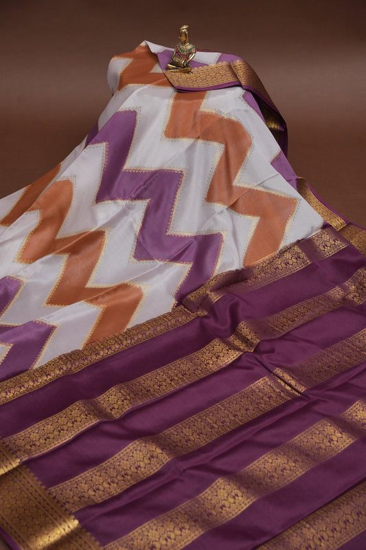 Pure Crepe Mysore Silk Saree - Ivory and Deep Purple