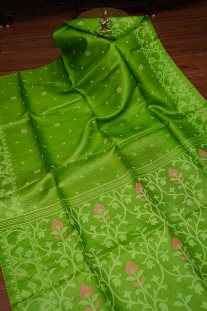 Pure Tussar Silk Saree with Jamdani Concept Weaving – Parrot Green | Silk Mark Certified