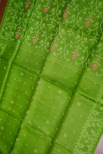 Pure Tussar Silk Saree with Jamdani Concept Weaving – Parrot Green | Silk Mark Certified