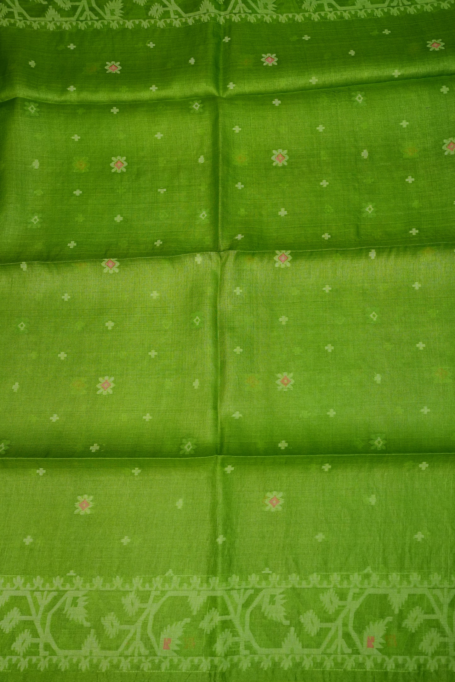 Pure Tussar Silk Saree with Jamdani Concept Weaving – Parrot Green | Silk Mark Certified