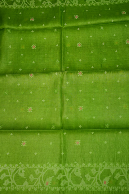 Pure Tussar Silk Saree with Jamdani Concept Weaving – Parrot Green | Silk Mark Certified