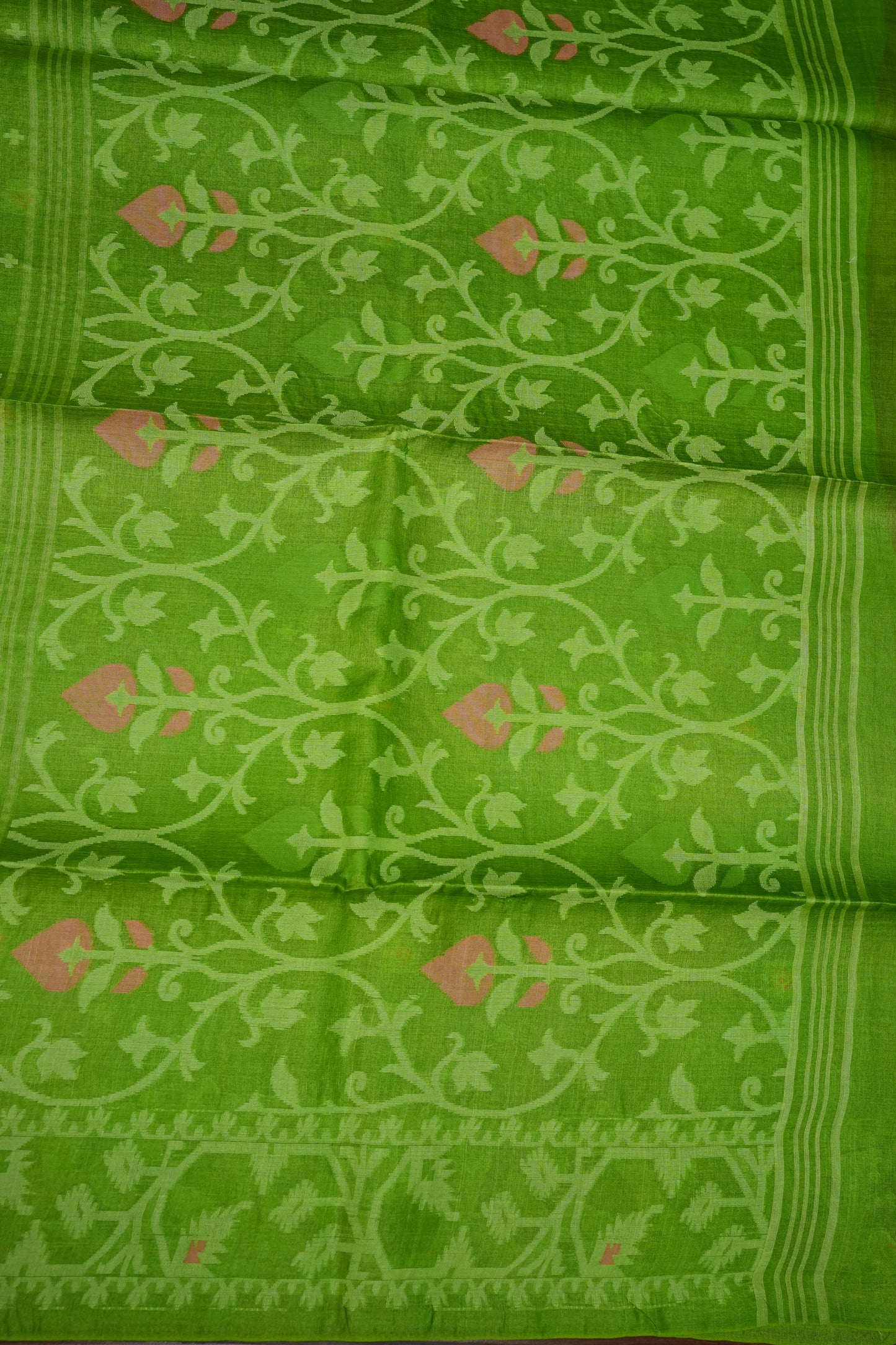 Pure Tussar Silk Saree with Jamdani Concept Weaving – Parrot Green | Silk Mark Certified