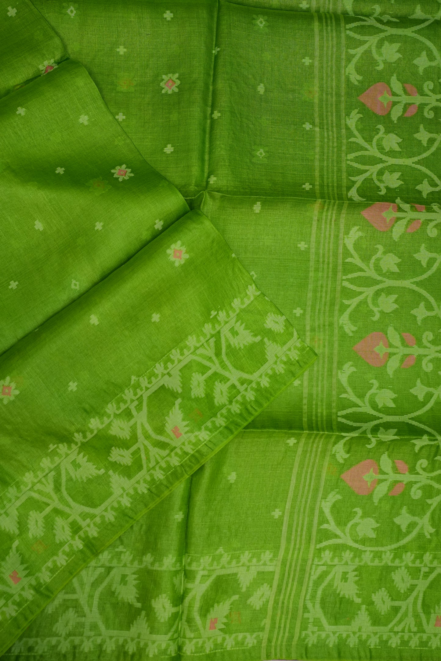 Pure Tussar Silk Saree with Jamdani Concept Weaving – Parrot Green | Silk Mark Certified