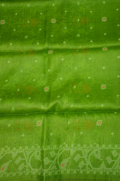 Pure Tussar Silk Saree with Jamdani Concept Weaving – Parrot Green | Silk Mark Certified