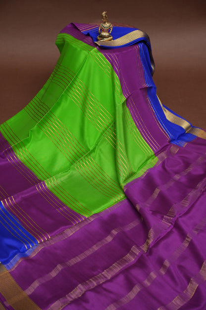 Pure Crepe Mysore Silk Saree - Parrot Green With Blue & Purple TriColor Combination