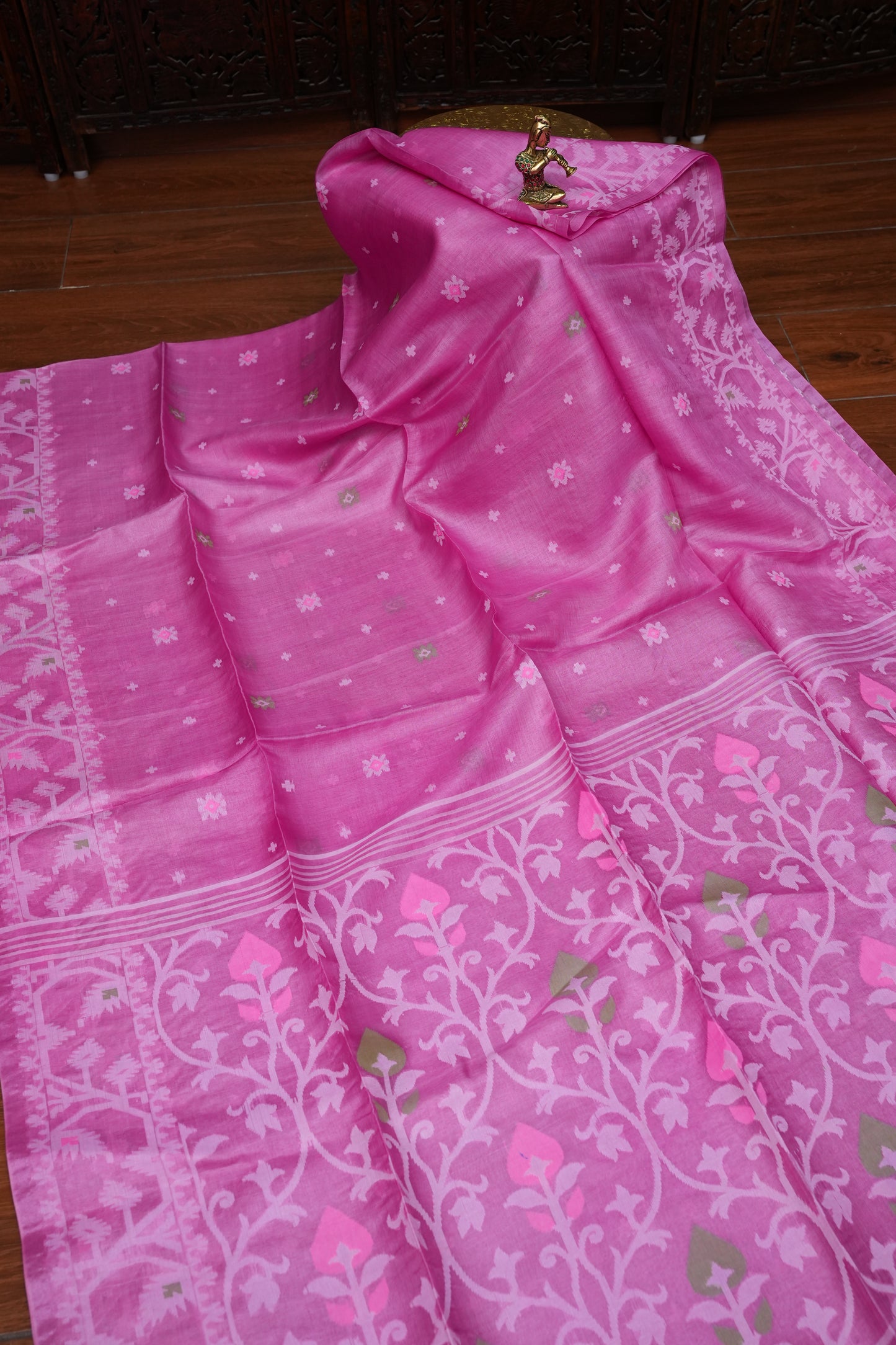 Pure Tussar Silk Saree with Jamdani Concept Weaving – Rani Pink | Silk Mark Certified