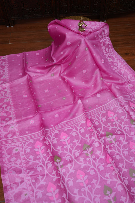 Pure Tussar Silk Saree with Jamdani Concept Weaving – Rani Pink | Silk Mark Certified