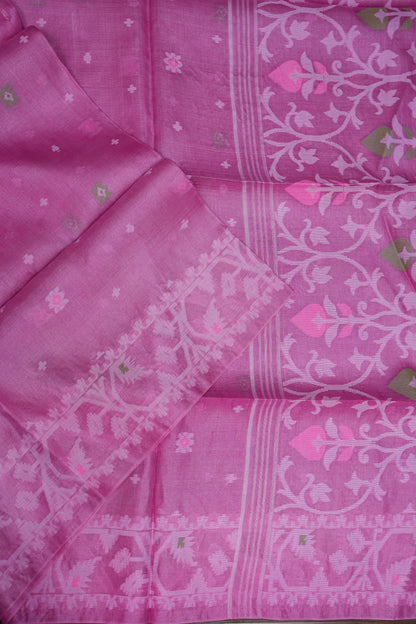 Pure Tussar Silk Saree with Jamdani Concept Weaving – Rani Pink | Silk Mark Certified