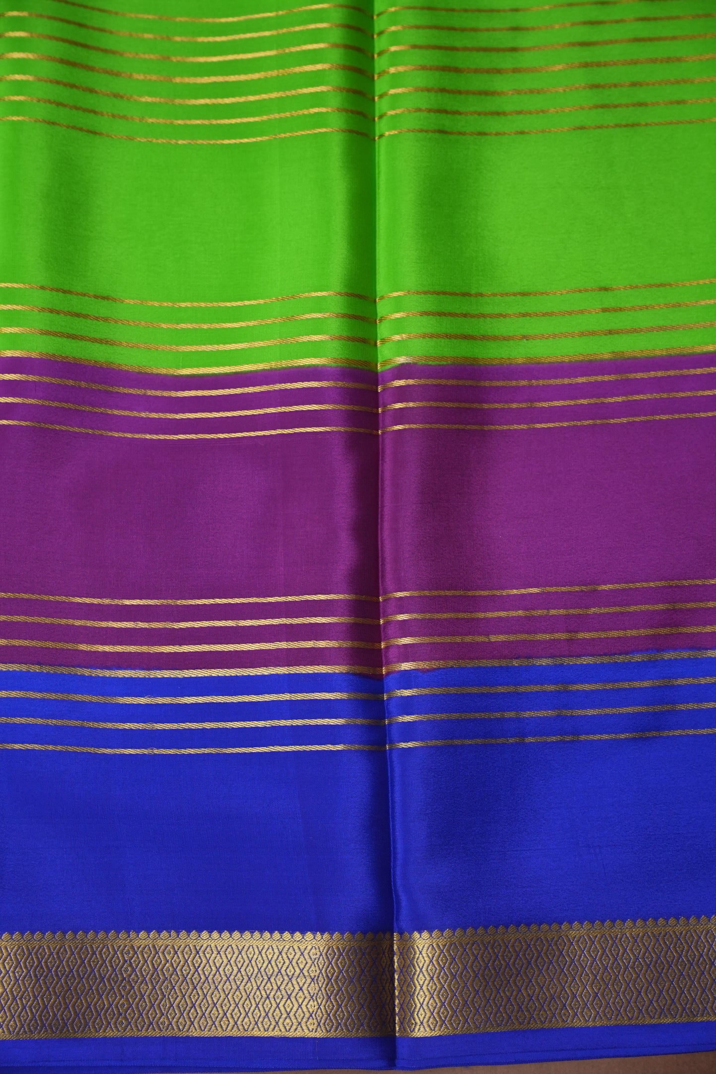 Pure Crepe Mysore Silk Saree - Parrot Green With Blue & Purple TriColor Combination