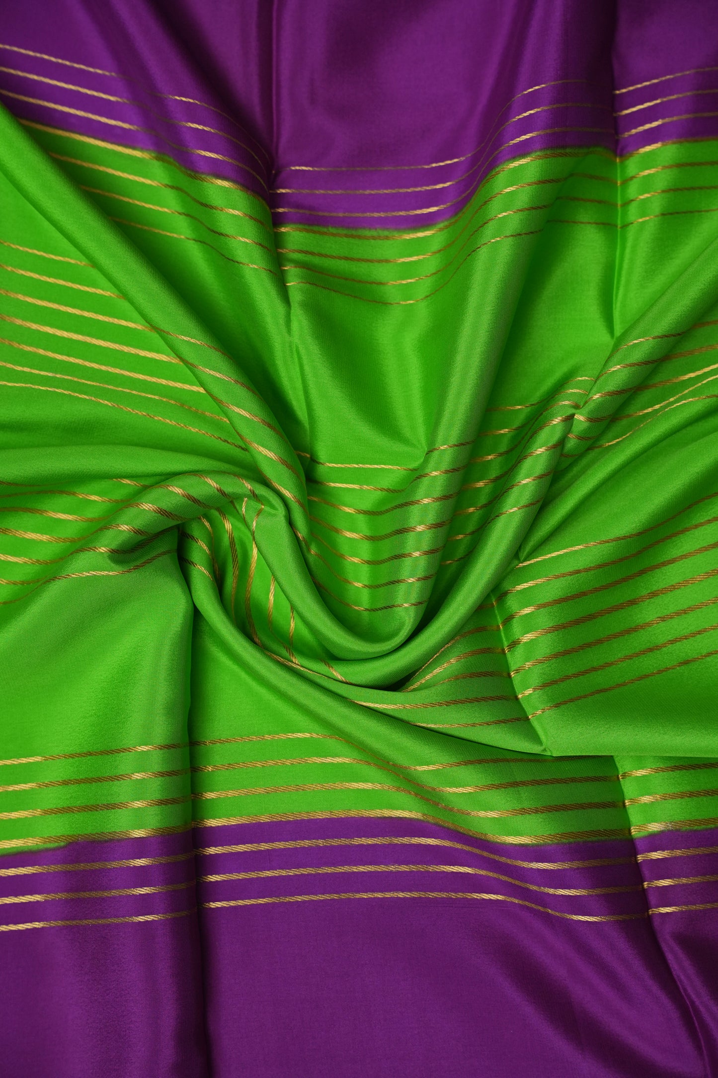 Pure Crepe Mysore Silk Saree - Parrot Green With Blue & Purple TriColor Combination