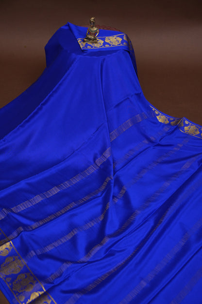 Pure Crepe Mysore Silk Saree - Ink Blue With Gandaberunda Motifs
