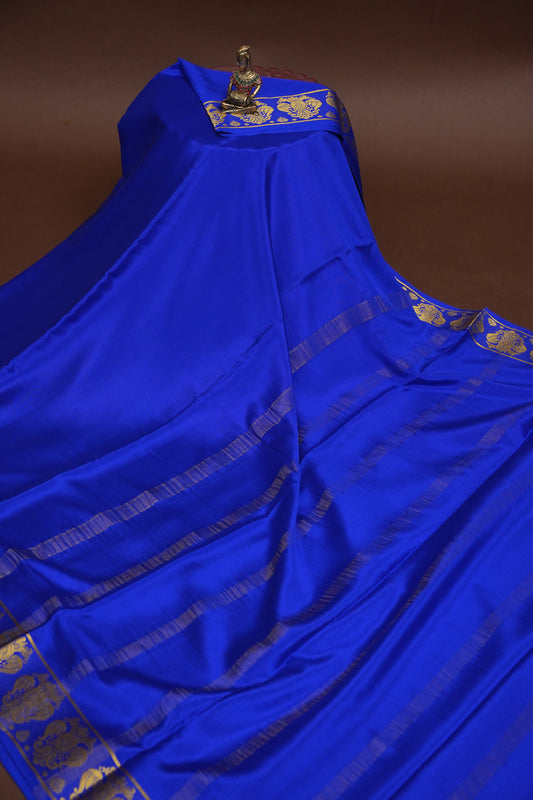 Pure Crepe Mysore Silk Saree - Ink Blue With Gandaberunda Motifs