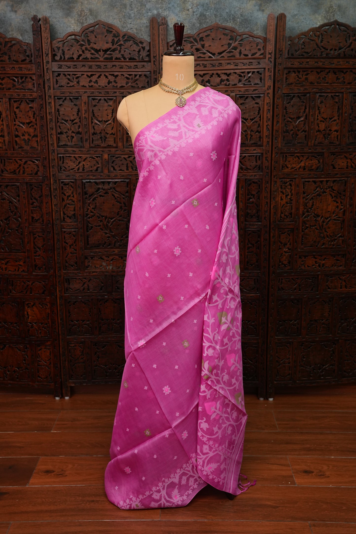 Pure Tussar Silk Saree with Jamdani Concept Weaving – Rani Pink | Silk Mark Certified