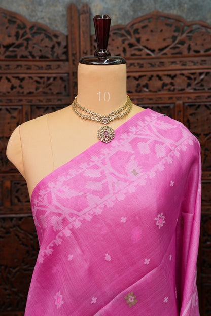 Pure Tussar Silk Saree with Jamdani Concept Weaving – Rani Pink | Silk Mark Certified