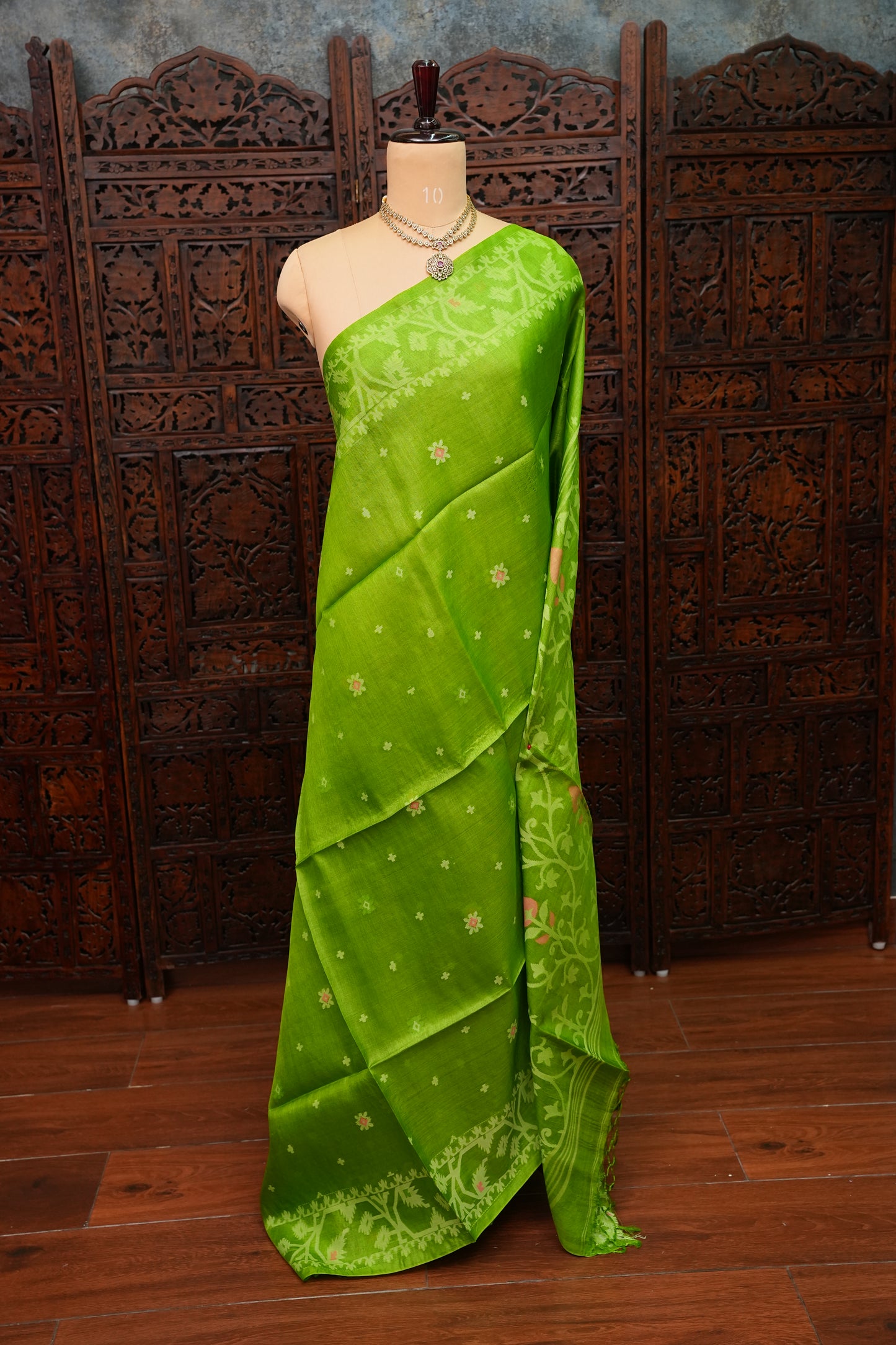 Pure Tussar Silk Saree with Jamdani Concept Weaving – Parrot Green | Silk Mark Certified