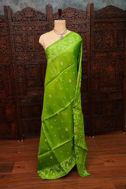 Pure Tussar Silk Saree with Jamdani Concept Weaving – Parrot Green | Silk Mark Certified