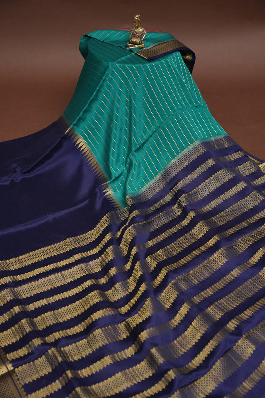 Half and Half Pure Crepe Mysore Silk Saree - Navy Blue & Teal Green