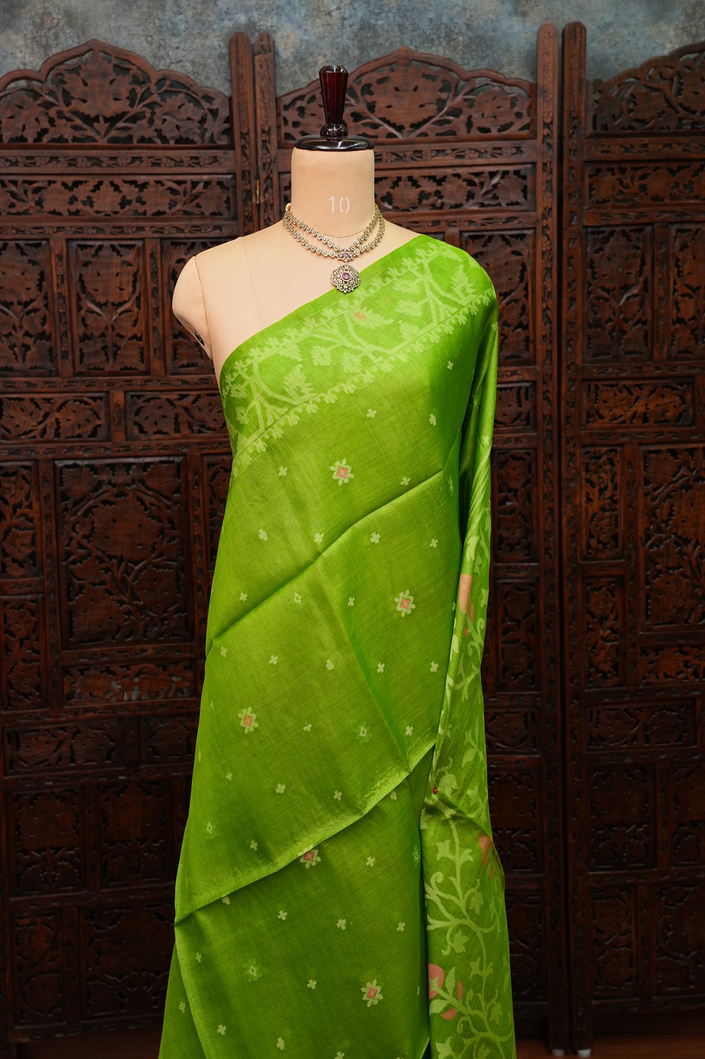 Pure Tussar Silk Saree with Jamdani Concept Weaving – Parrot Green | Silk Mark Certified