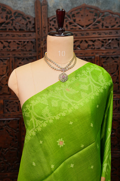 Pure Tussar Silk Saree with Jamdani Concept Weaving – Parrot Green | Silk Mark Certified