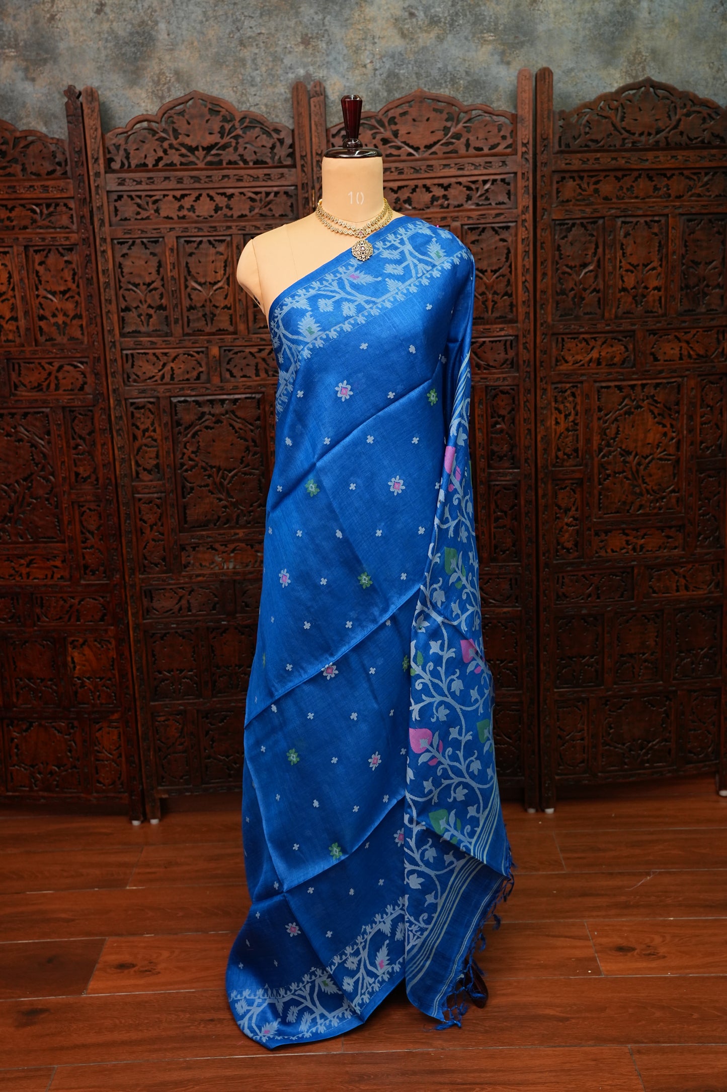 Pure Tussar Silk Saree with Jamdani Concept Weaving – Royal Blue | Silk Mark Certified
