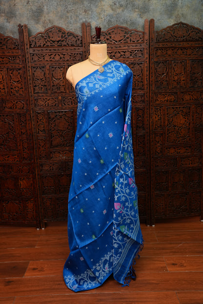 Pure Tussar Silk Saree with Jamdani Concept Weaving – Royal Blue | Silk Mark Certified