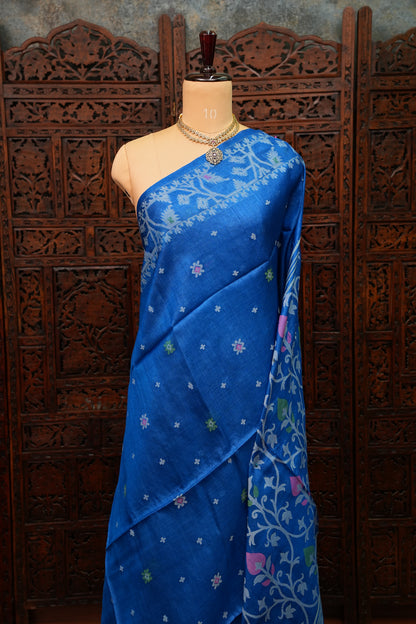 Pure Tussar Silk Saree with Jamdani Concept Weaving – Royal Blue | Silk Mark Certified