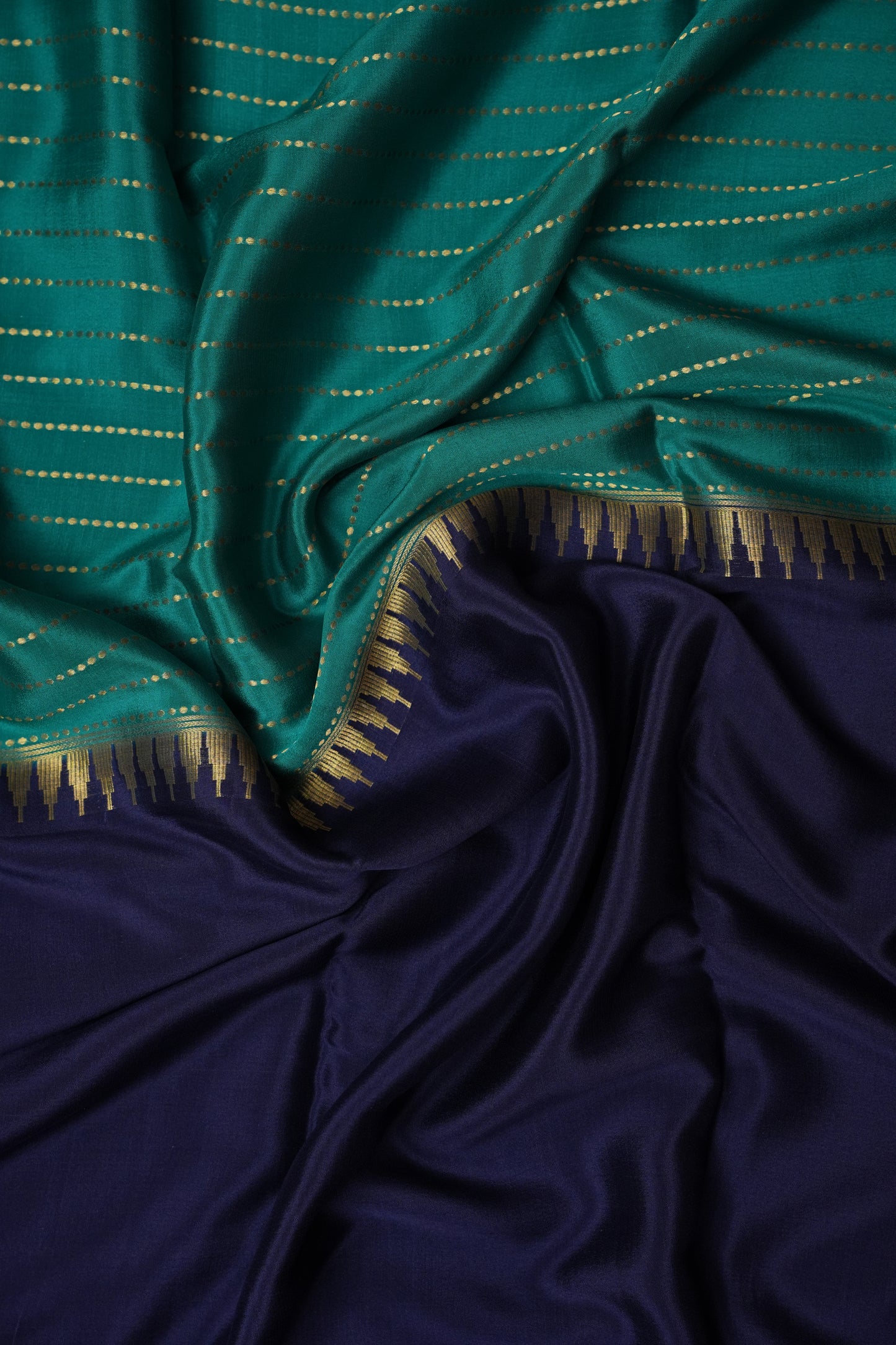 Half and Half Pure Crepe Mysore Silk Saree - Navy Blue & Teal Green