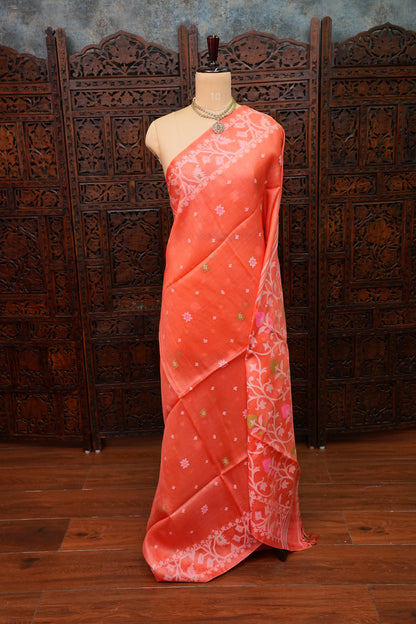 Pure Tussar Silk Saree with Jamdani Concept Weaving – Coral Orange | Silk Mark Certified