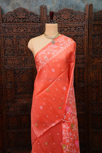 Pure Tussar Silk Saree with Jamdani Concept Weaving – Coral Orange | Silk Mark Certified