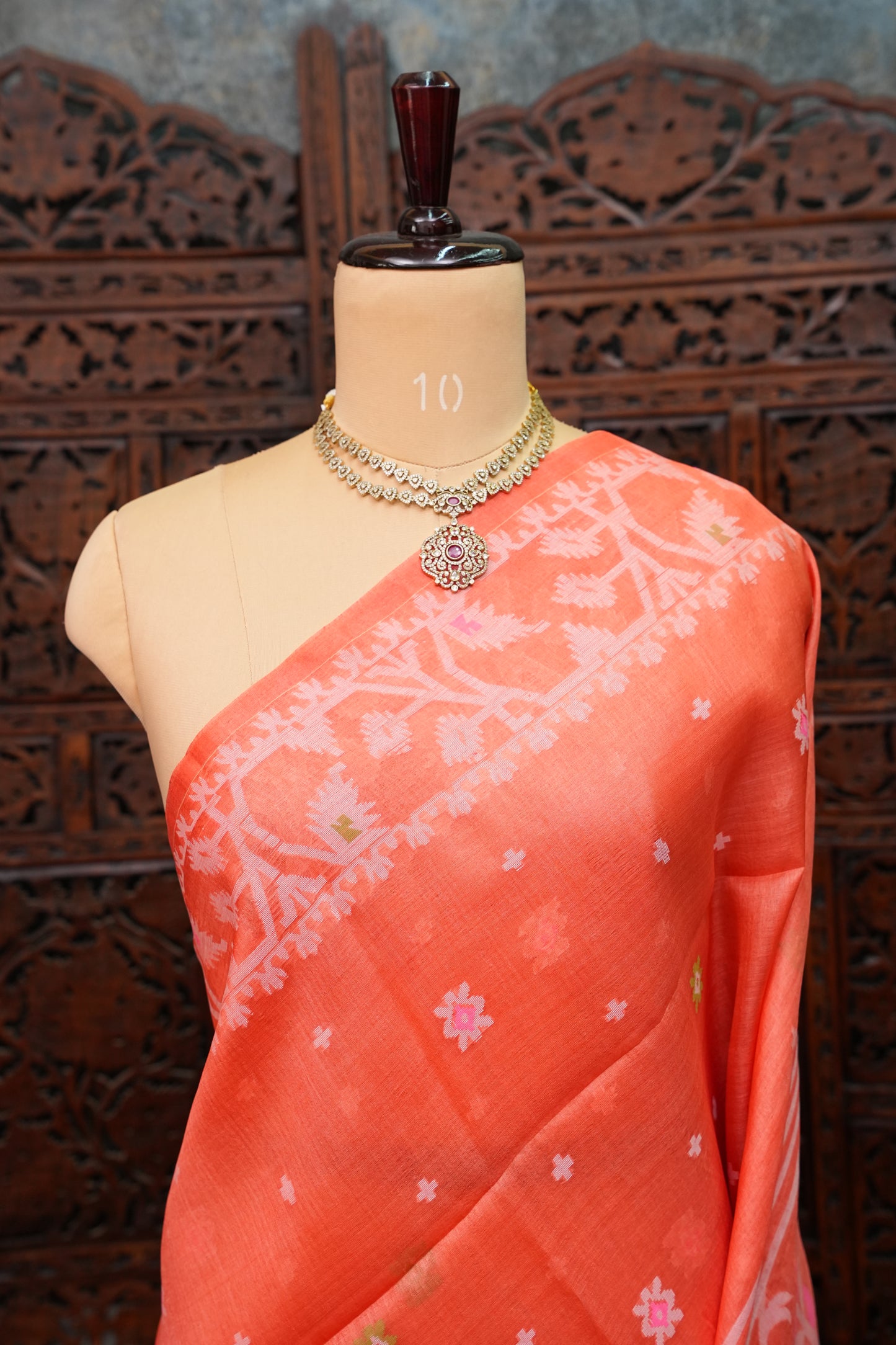 Pure Tussar Silk Saree with Jamdani Concept Weaving – Coral Orange | Silk Mark Certified
