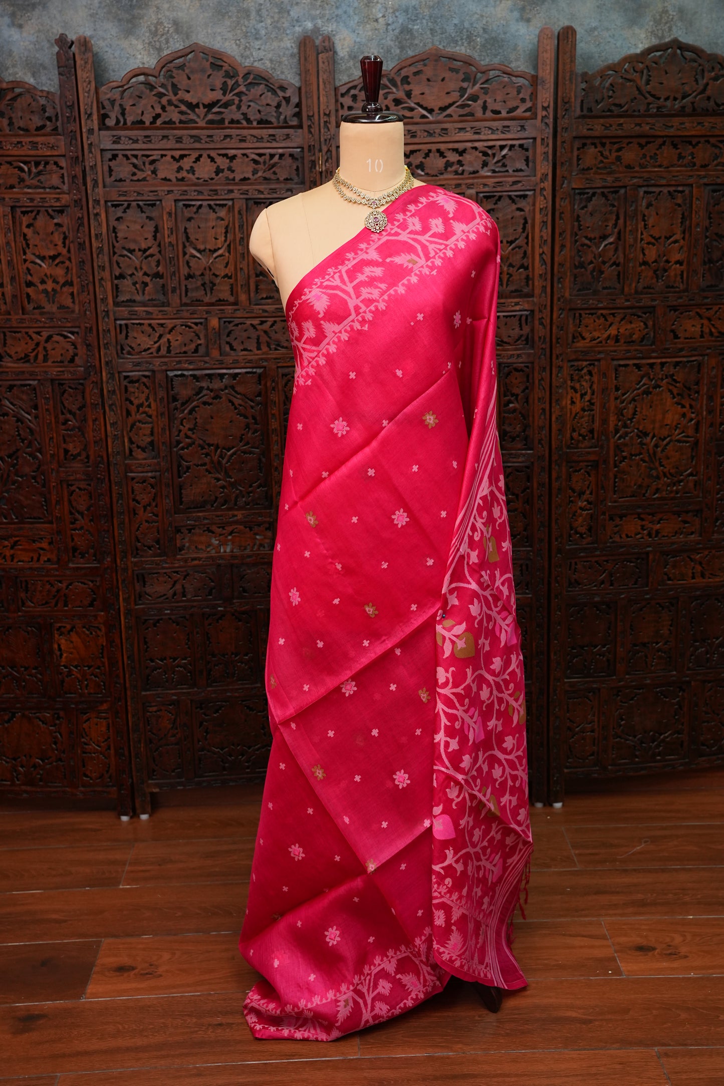 Pure Tussar Silk Saree with Jamdani Concept Weaving – Rani Pink | Silk Mark Certified