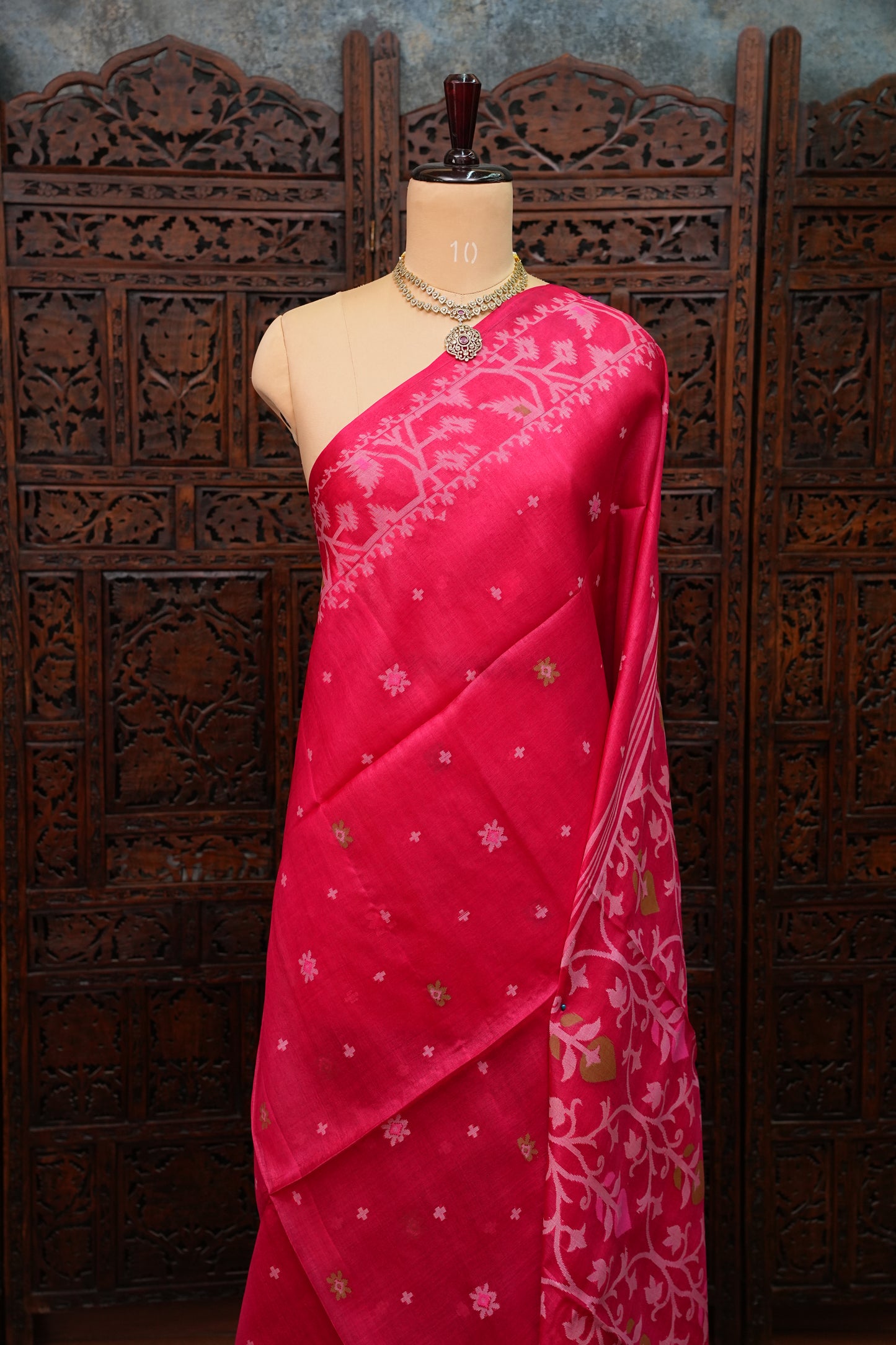 Pure Tussar Silk Saree with Jamdani Concept Weaving – Rani Pink | Silk Mark Certified