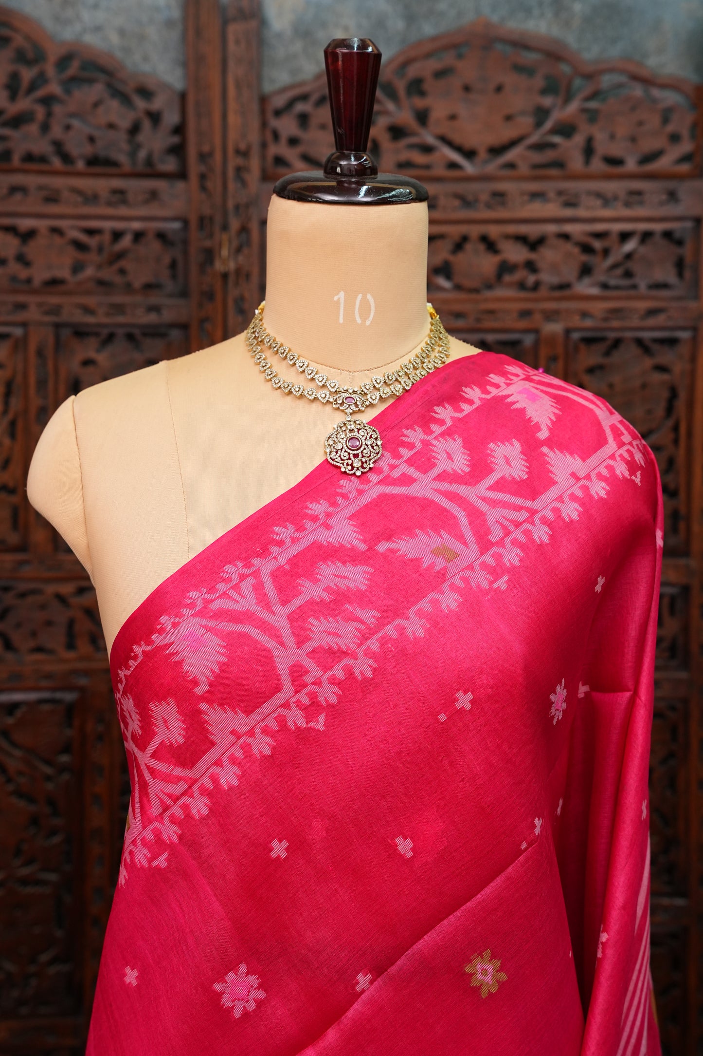 Pure Tussar Silk Saree with Jamdani Concept Weaving – Rani Pink | Silk Mark Certified