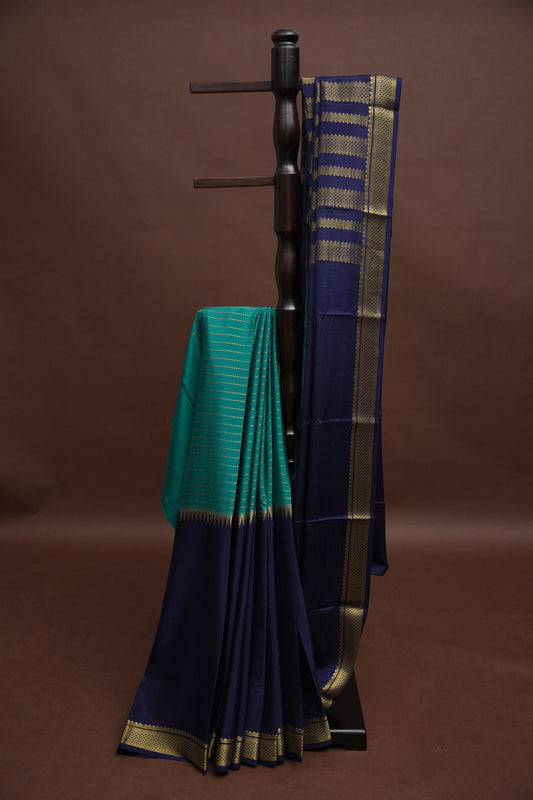 Half and Half Pure Crepe Mysore Silk Saree - Navy Blue & Teal Green