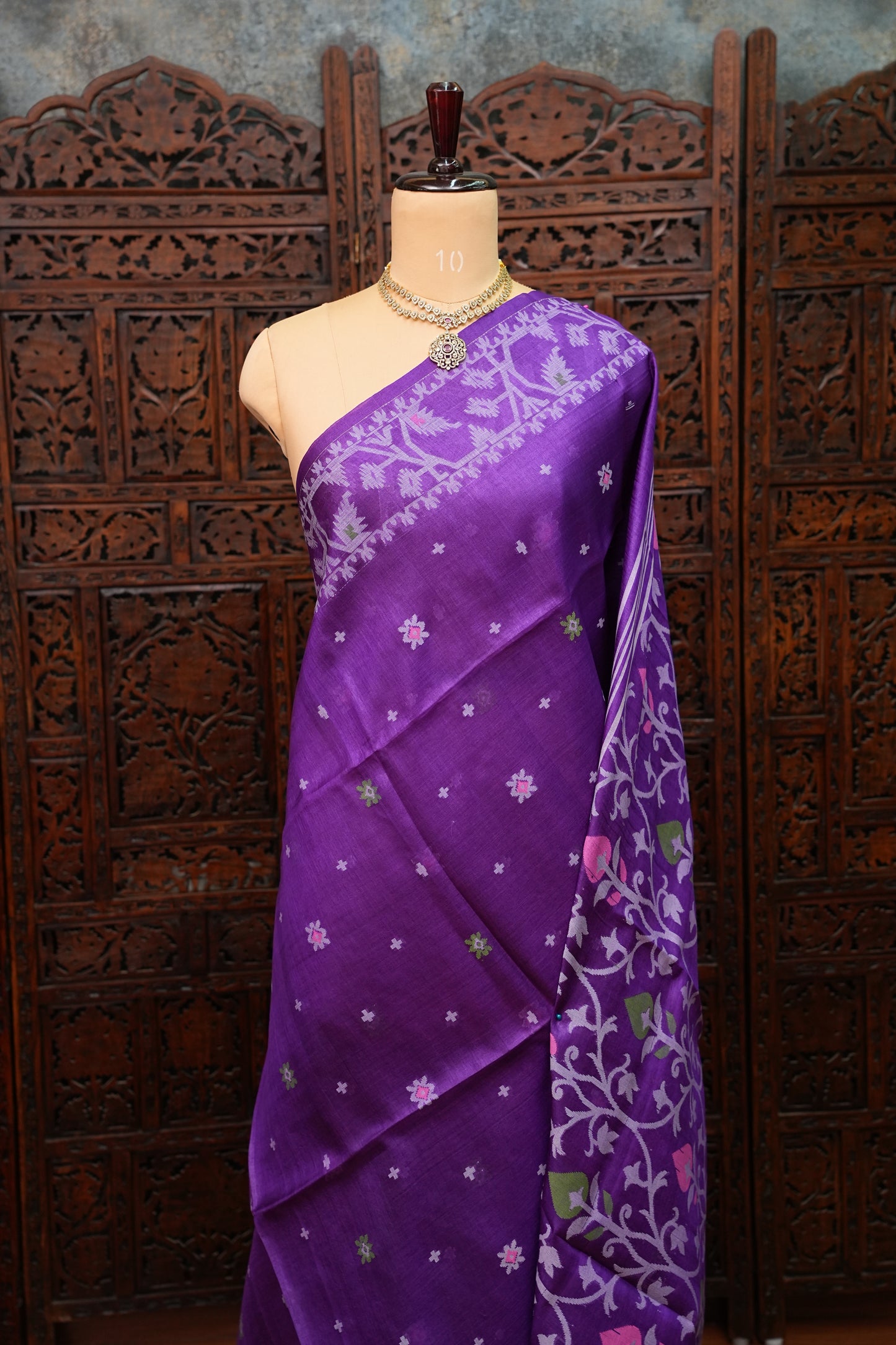 Pure Tussar Silk Saree with Jamdani Concept Weaving – Royal Purple | Silk Mark Certified