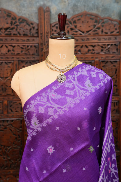 Pure Tussar Silk Saree with Jamdani Concept Weaving – Royal Purple | Silk Mark Certified